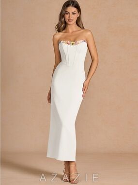 Azazie Liliah White Strapless Floral-Trim Column Dress